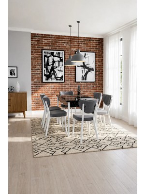 Valoria Serisi 6 Kişilik 80X130 cm Siyah Mermer Mdf A.gri Kumaş Beyaz Iskelet Yemek ve Mutfak Masası Takımı