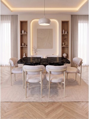 Bella Serisi 6 Kişilik Krem Kumaş 80*130 Siyah Mermer Açılır Masa Sandalye Seti (Modern Seri)Krem Iskelet