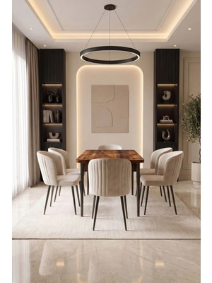 Midye Serisi 6 Kişilik Antik Çam 80X130 Mdf Krem Kumaş Yemek ve Mutfak Masası Takımı Modern ve Şık
