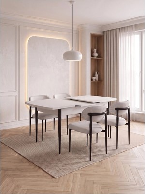 Bella Serisi 4 Kişilik Krem Kumaş 80*130 Beyaz Masa Sandalye Seti (Modern Seri)Siyah Iskelet