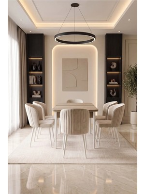 Midye Serisi 6 Kişilik Traverten 80X130 Mdf Krem Kumaş Yemek ve Mutfak Masası Takımı Modern