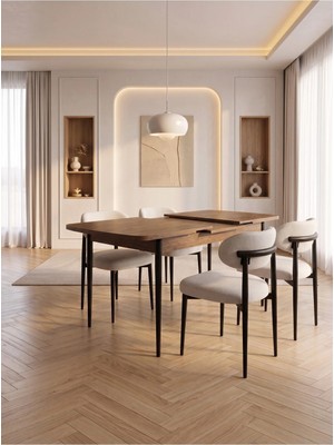 Bella Serisi 4 Kişilik Beyaz Kumaş 80*130 Çam Masa Sandalye Seti (Modern Seri)Siyah Iskelet