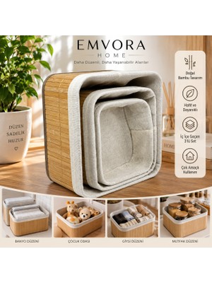 Renetto Emvora Home 3’lü Bambu Düzenleyici Sepet Seti – Iç Içe Geçebilen Çok Amaçlı Saklama ve Organizer Sepet