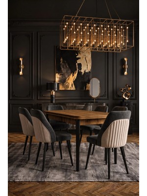 Novessa 6 Kişilik Krem-Füme Kumaş Çam Masalı Modern Yemek Masası Takımı