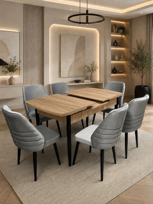 Myosotis Serisi 6 Kişilik A.gri Kumaş Traverten Mdf Açılır Yemek ve Mutfak Masası Takımı Siyah Iskelet