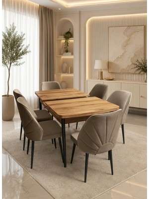 Selina Serisi 6 Kişilik Cappuccino Kumaş Antik Çam Açılır Mdf Yemek ve Mutfak Masası Takımı