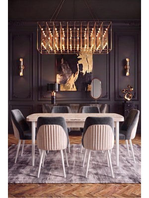 Novessa 6 Kişilik Krem-Füme Kumaş Traverten Masalı Modern Yemek Masası Takımı Beyaz Iskelet