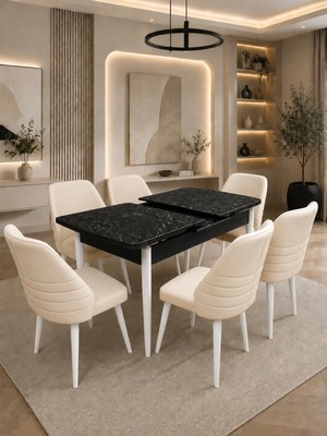 Myosotis Serisi 6 Kişilik Krem Kumaş Siyah Mermer Mdf Açılır Yemek ve Mutfak Masası Takımı Beyaz Iskelet