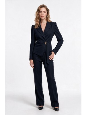 Ekol Kadın Şal Yaka Kuşaklı Kruvaze Blazer Ceket Ofis Takım Üstü
