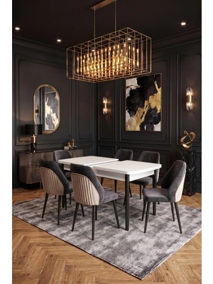 Novessa 6 Kişilik Krem-Füme Kumaş Beyaz Masalı Modern Yemek Masası Takımı