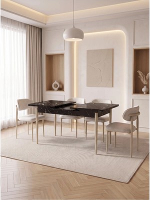 Bella Serisi 4 Kişilik Krem Kumaş 80*130 Siyah Mermer Masa Sandalye Seti (Modern Seri)Krem Iskelet