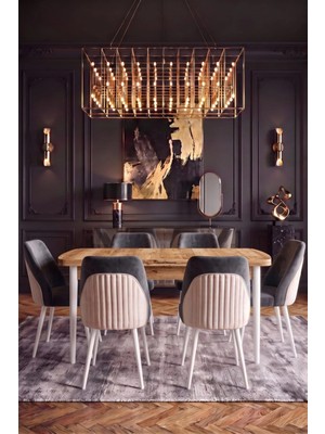 Novessa 6 Kişilik Krem-Füme Kumaş Çam Masalı Modern Yemek Masası Takımı Beyaz Iskelet