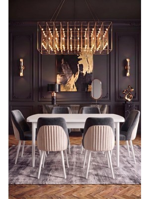 Novessa 6 Kişilik Krem-Füme Kumaş Beyaz Masalı Modern Yemek Masası Takımı Beyaz Iskelet