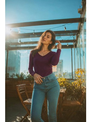 Defy's Kadın V Yaka Uzun Kollu Regular Fit Basic Tişört Bordo