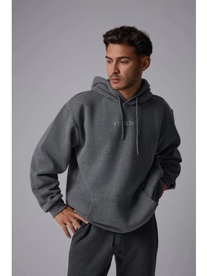 Defy's Merlin Erkek 3 İplik Şardonlu Soğuk Geçirmez Regular Fit Kapüşonlu Baskılı Antrasit Melanj Sweatshirt
