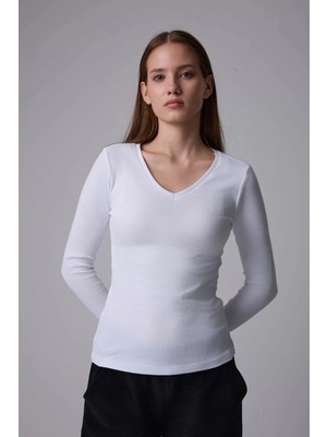 Defy's Kadın Beyaz %100 Pamuk V Yaka Uzun Kollu Basic Tişört Regular Fit
