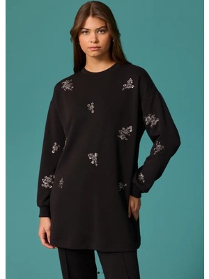 Scl Boncuk İşlemeli Bisiklet Yaka Sweatshirt