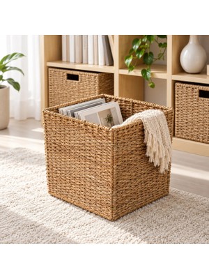 Bahçem Dekoratif Katlanabilir Hasır Kare Sepet 32x32x32 cm – Raf Dolap Oyuncak Organizer ve Saklama Sepeti