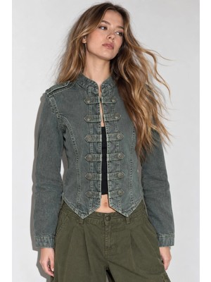 Hiccup Kadınlar Düğmeli Denim Ceket Gri