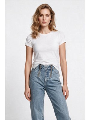 Nocturne Kadın Yüksek Bel Geniş Paça Çift Fermuarlı Denim Pantolon