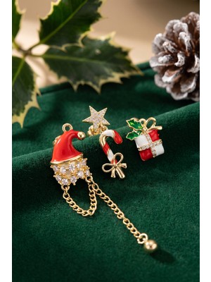 Gold Noel Baba Şapkalı Zirkon Taşlı Yılbaşı Küpe TJ-BKP12177 Midastech