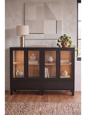 Robin Home Prime Temperli Cam Kapaklı Çekmeceli Neon LED Işıklı Konsol Vitrin Büfe Ahşap Ayaklı Sepet-Siyah