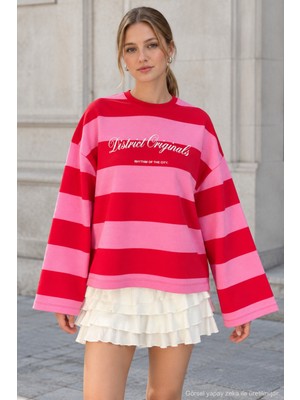Quhox Kadın Oversize Bisiklet Yaka Çizgili Baskılı Sweatshirt - Pembe