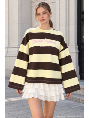 Quhox Kadın Oversize Bisiklet Yaka Çizgili Baskılı Sweatshirt - Kahverengi