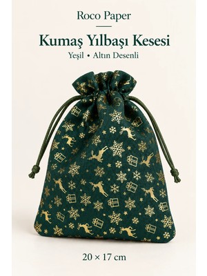 Yılbaşı Desenli Saten Kumaş Yeşil Hediye Kesesi, 12 ADET-20X17 Cm, Geyik ve Kar Desenli Ipli Torba