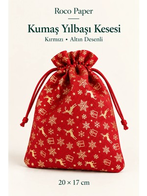 Yılbaşı Desenli Saten Kumaş Kırmızı Hediye Kesesi, 12 ADET-20X17 Cm, Geyik ve Kar Desenli Ipli Torba
