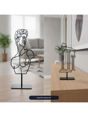 Bafidica Ikisi Bir Arada Set - David Heykeli Metal Masaüstü Biblo ve Antik Sütun Silüetli Siyah Metal Masaüstü Dekoratif Obje Setiı Yükseklik: 18 cm