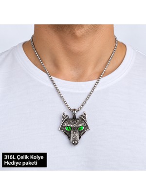 Herşey Nota 316L Çelik Erkek Kolye Yeşil Gözlü Kurt Başı Figürlü Işlemeli Viking Kolyesi