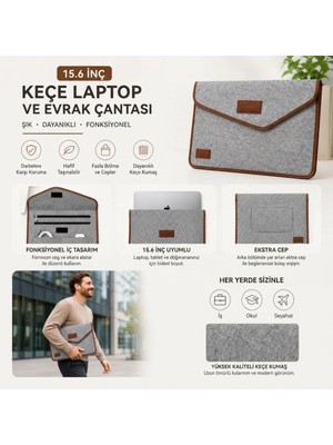 Aslanoğlu Store Ergonomik Gri Cırt Cırtlı Keçe Laptop ve Evrak Çantası 15.6 Inç