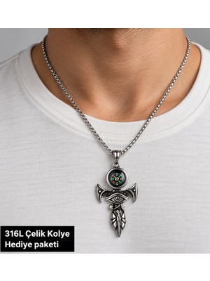Herşey Nota 316L Çelik Erkek Kolye Pusula ve Horus Gözü Figürlü Işlemeli Özel Tasarım 70 cm