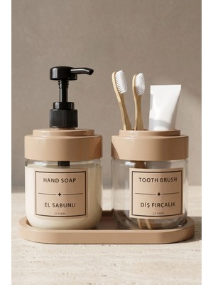 LE Paris 2’li Cam Sıvı Sabunluk ve Diş Fırçalık | Standlı Cam Banyo Organizer Seti 2’li | 425 ml x 2
