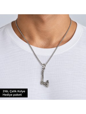 Herşey Nota 316L Çelik Işlemeli Balta Figürlü Erkek Kolye 70 cm Zincirli Viking Tarzı Aksesuar