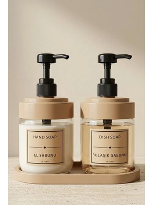 LE Paris 2’li Cam Sıvı Sabunluk Seti | El ve Bulaşık Sabunu | Standlı Banyo Düzenleyici | 425 ml x 2