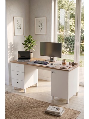 Robin Home Prime 160X60CM Çalışma Masası Ders Çalışma Masası Çekmeceli Dolaplı Ahşap Ayaklı Sepet-Beyaz