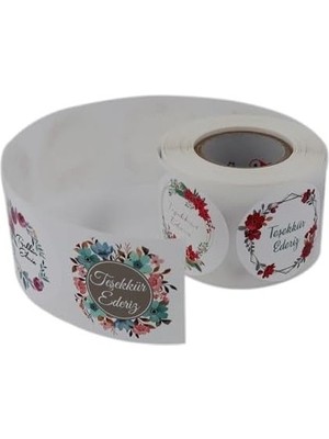 SBN - Store Prime Teşekkür Ederiz Etiketi 5 Farklı Çiçek Deseni 50MM Çap Ruloda 500 Adet Kendinden Yapışkanlı Rulo Etiket, Pp Opak E-Ticaret