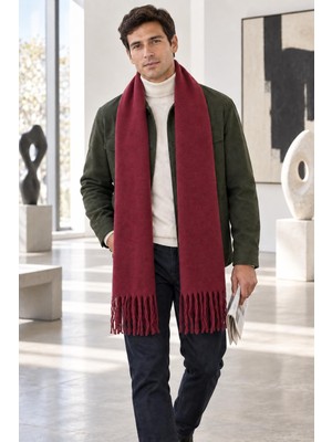 Wearflawless Unisex Püsküllü Yumuşak Dokulu Bordo Şal Atkı, Erkek Kışlık Boyun Atkısı, Erkek Için Hediye, 45X200CM