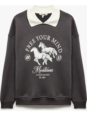 Koton Şardonlu Rahat Kalıp Uzun Kollu Baskılı Polo Yaka Sweatshirt