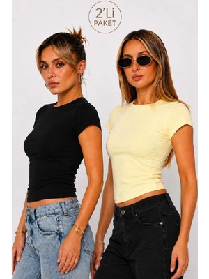 Cockatoo Kadın Siyah-Sarı Yuvarlak Yaka Kısa Kollu Slim Fit Tişört 2'li Paket (4803)