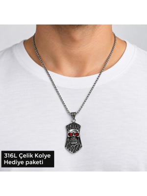 Herşey Nota 316L Çelik Kırmızı Gözlü Kuru Kafa Figürlü Erkek Kolye 70 cm Zincirli Özel Tasarım