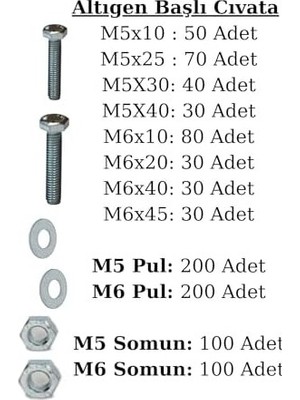 SBN - Store Prime 1600 Parça 17 Çeşit Altıgen Başlı Çelik Cıvata, Somun, Pul Seti