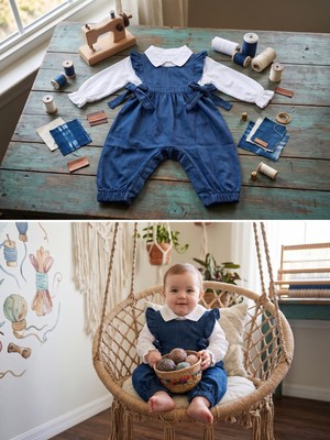 Denim Fiyonklu Salopet Takım