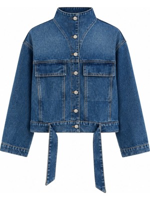 Laluvia Mavi Dik Yaka Kemerli Denim Ceket - 1267