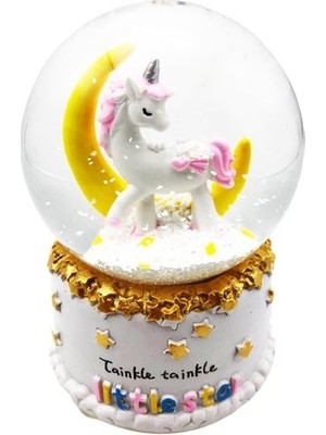 Mobgift Büyük Boy Unicorn Müzikli Kurmalı Kar Küresi Beyaz Renkli Ay Üzerinde Tasarım