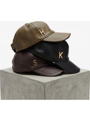 Softco Studio Kişiye Özel Altın Monogram Harfli Hakiki Deri Şapka / Cap