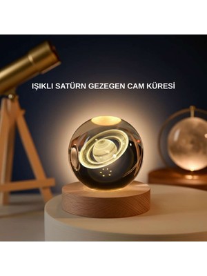 Birsence Satürn Gezegenli Kristal Küre LED Lamba Usb’li Ahşap Standlı
