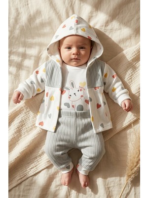 Babyim Tavşan Baskılı Kapüşonlu Hırka, Body ve Fitilli Pantolon 3'lü Bebek Takımı - %100 Pamuklu Soft Yeşil Kalp Desenli